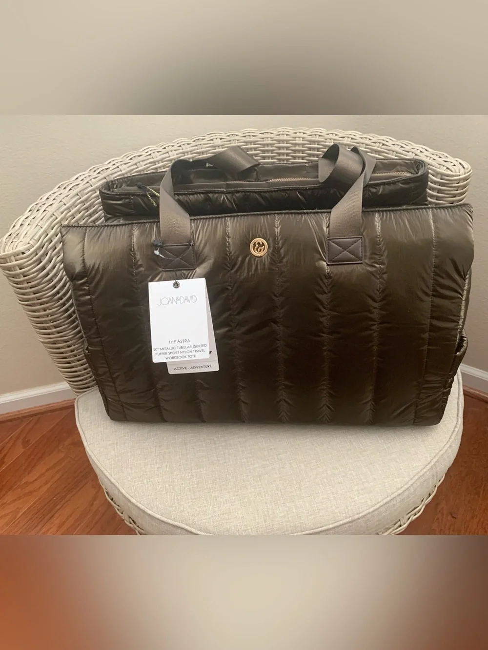 NWT Joan & David Weekender Tote: Quilted Metallic Brown, 2 Compartments, Logo